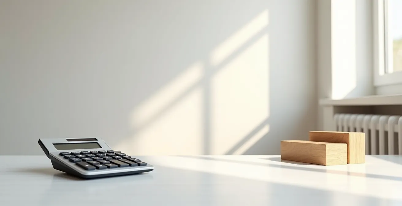 Scène minimaliste d'un bureau avec une calculatrice et des éléments financiers abstraits, symbolisant la planification stratégique