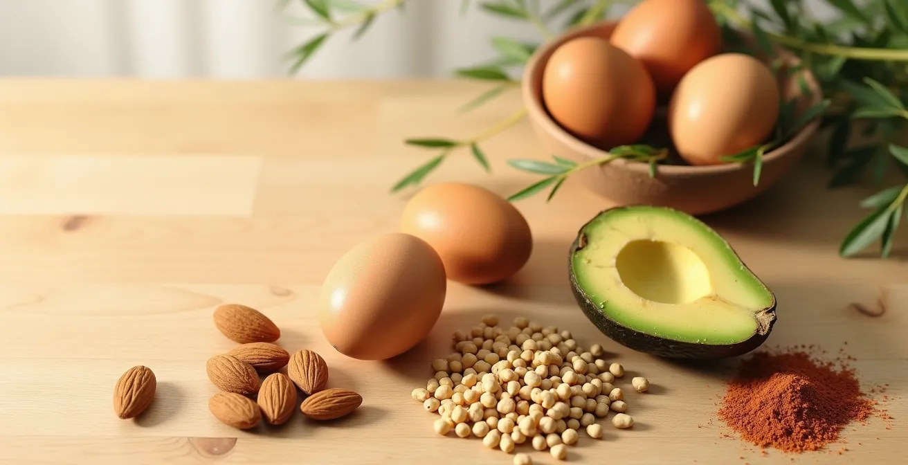 Composition culinaire minimaliste présentant des œufs, des amandes, de l'avocat et des légumineuses disposés harmonieusement sur une surface en bois clair
