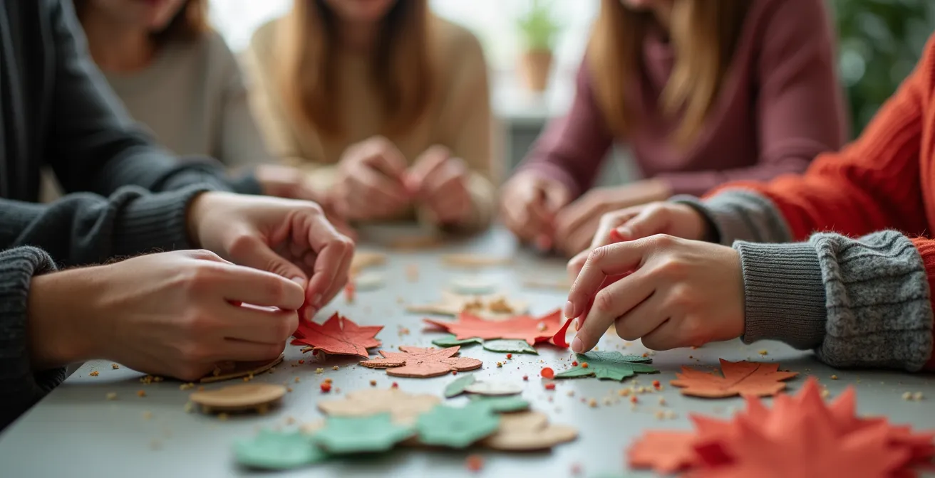 Atelier photographié en éclairage naturel avec des participants créant des décorations de Noël colorées et écologiques avec textures détaillées