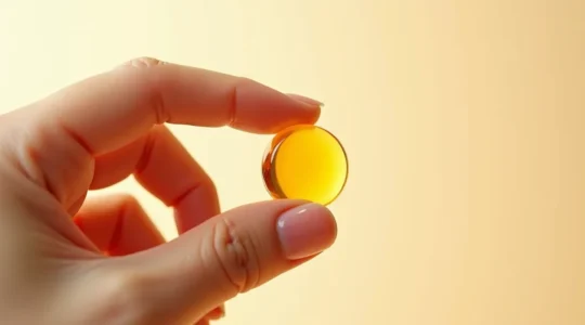 Gros plan d'une main tenant délicatement une capsule translucide remplie de liquide doré contre un fond minimaliste aux tons neutres