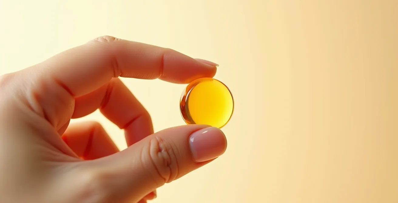 Gros plan d'une main tenant délicatement une capsule translucide remplie de liquide doré contre un fond minimaliste aux tons neutres