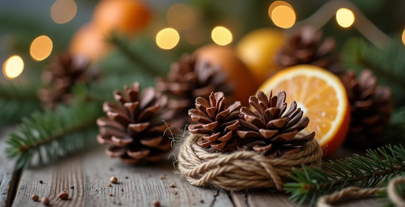 Photographie d’ornements de Noël faits main avec matériaux naturels et textures fines sous lumière douce