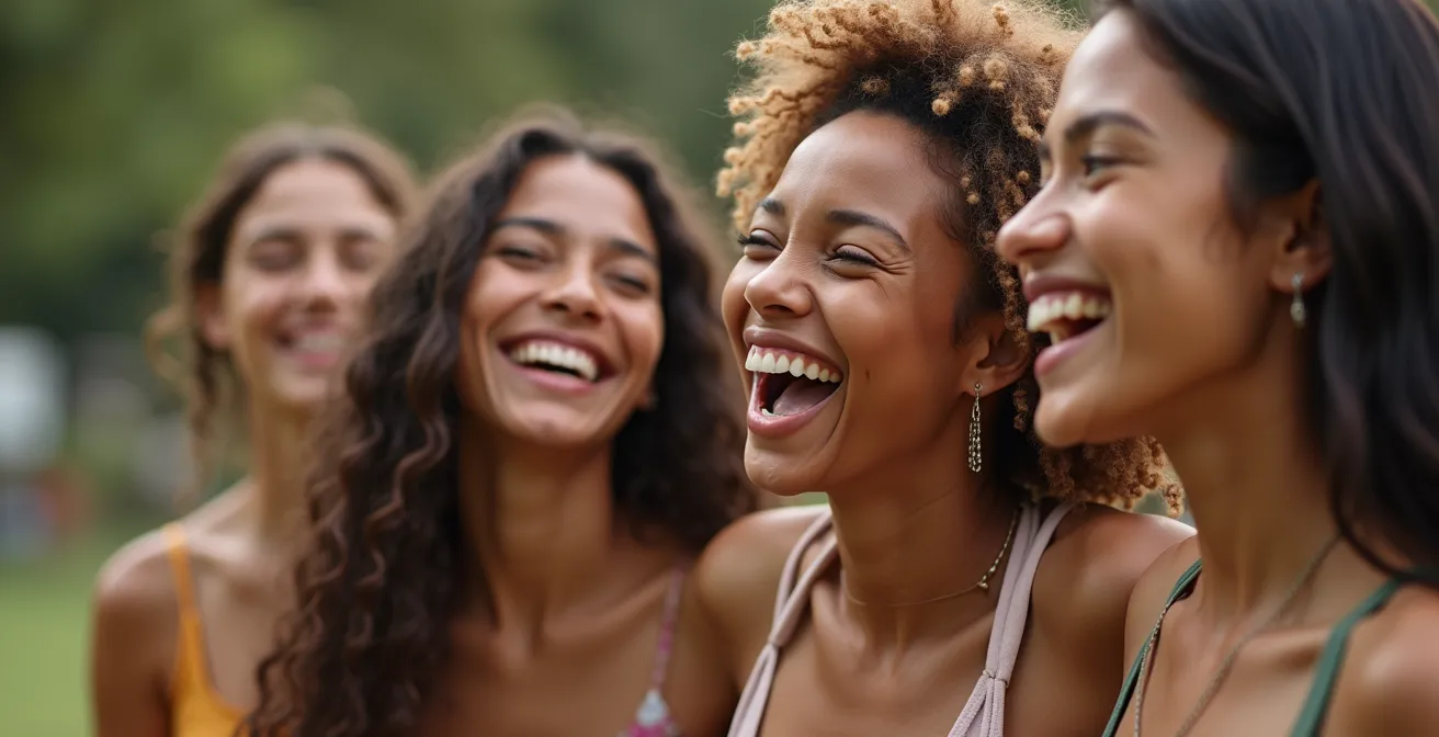 Photo représentant un groupe de femmes posant naturellement, riant et partageant de la complicité en extérieur