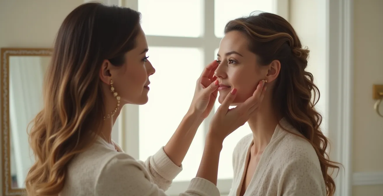 Consultante coiffure analysant la morphologie du visage d'une cliente lors d'une consultation approfondie