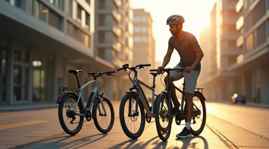 Cycliste urbain examinant plusieurs vélos urbains dans une rue pavée avec pistes cyclables