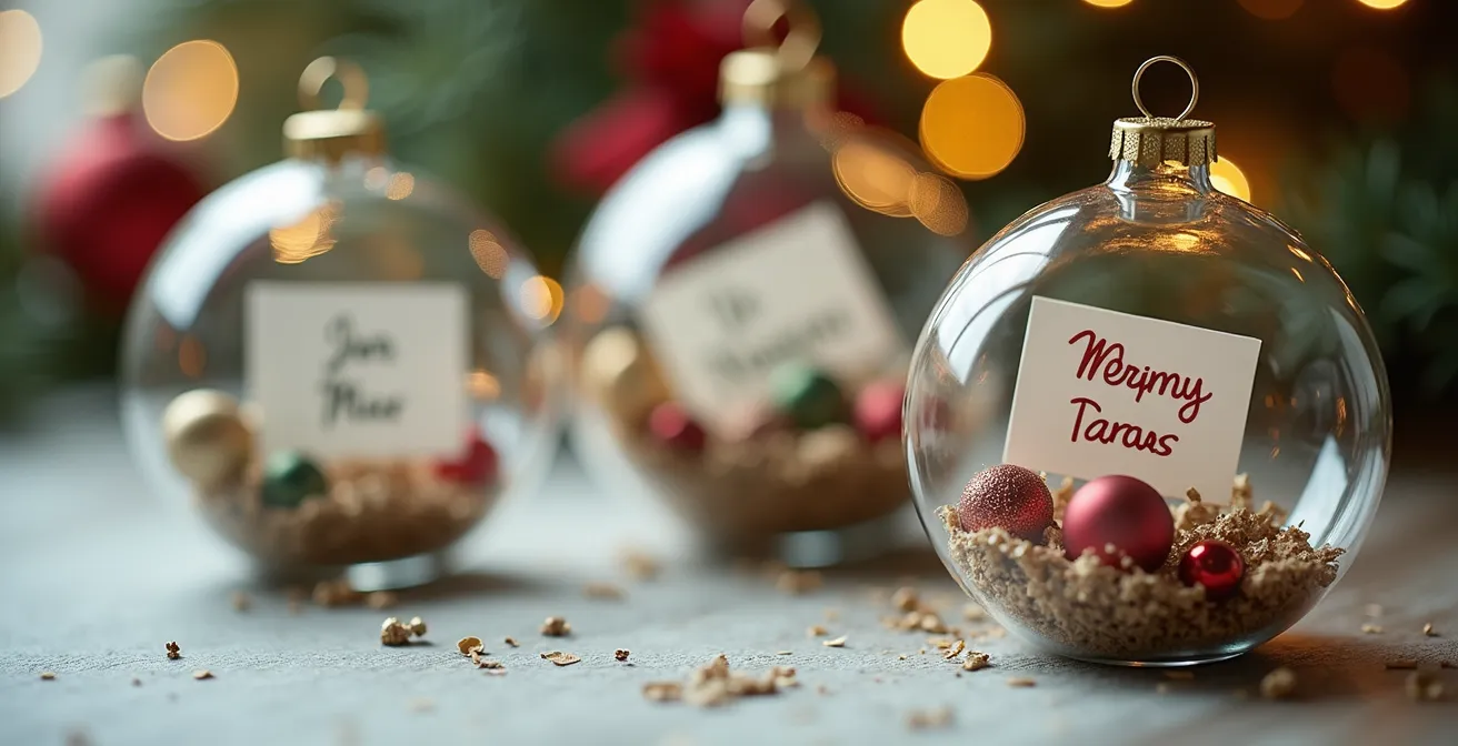 Gros plan sur des boules de Noël transparentes remplies de messages symboliques, lumière naturelle douce avec bokeh