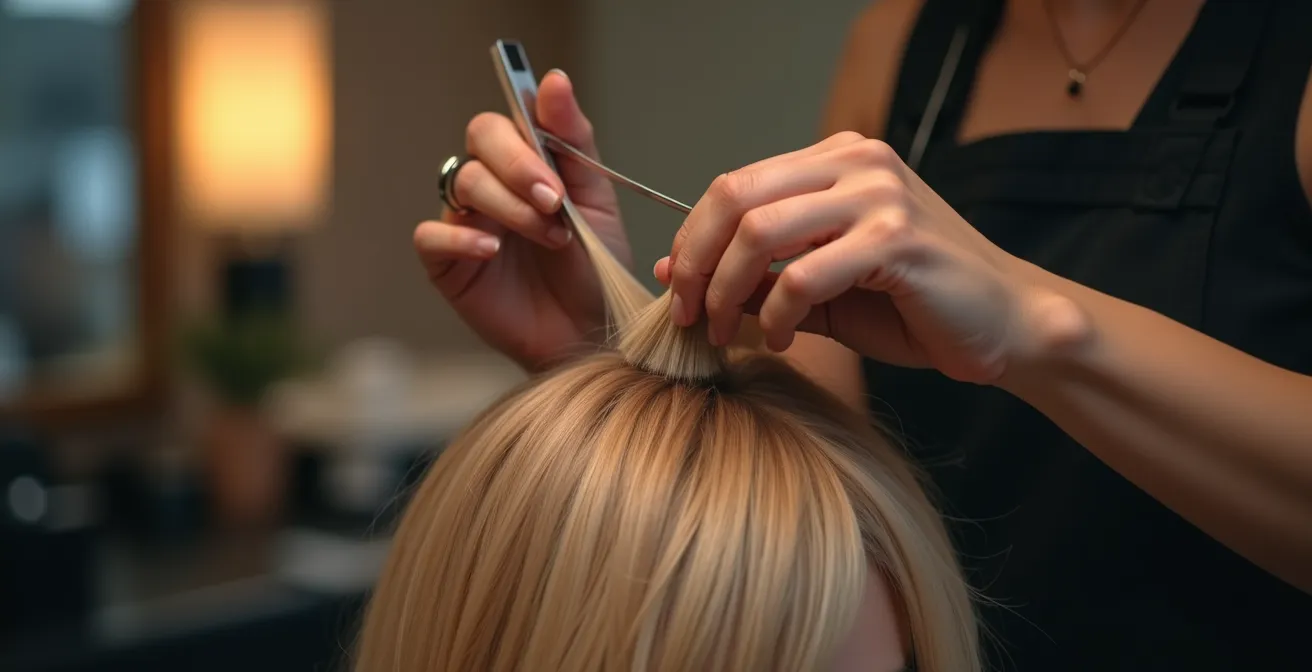 Coiffeuse effectuant un diagnostic capillaire minutieux avec microscope