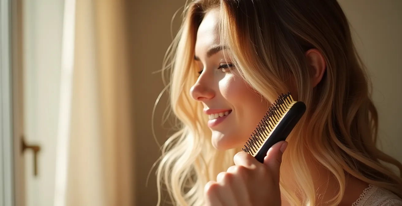 Gros plan sur une personne se préparant le matin avec une coiffure facile à coiffer et structurée