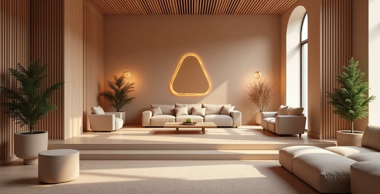 Photo épurée d’un espace d’événement d’entreprise festif, avec signalétique abstraite, lumière douce avec textures sur mobilier contemporain, et espace dégagé