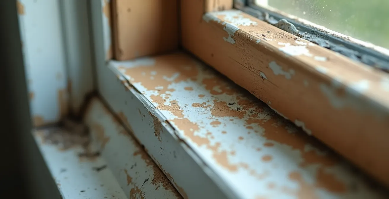 Gros plan sur un calfeutrage avec effritement et décoloration autour d'une fenêtre en bois.