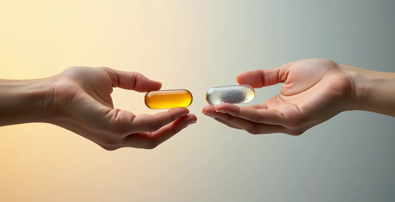 Gros plan symbolique de deux mains se rejoignant, l'une tenant une capsule dorée et l'autre une capsule argentée, représentant la synergie et la complémentarité