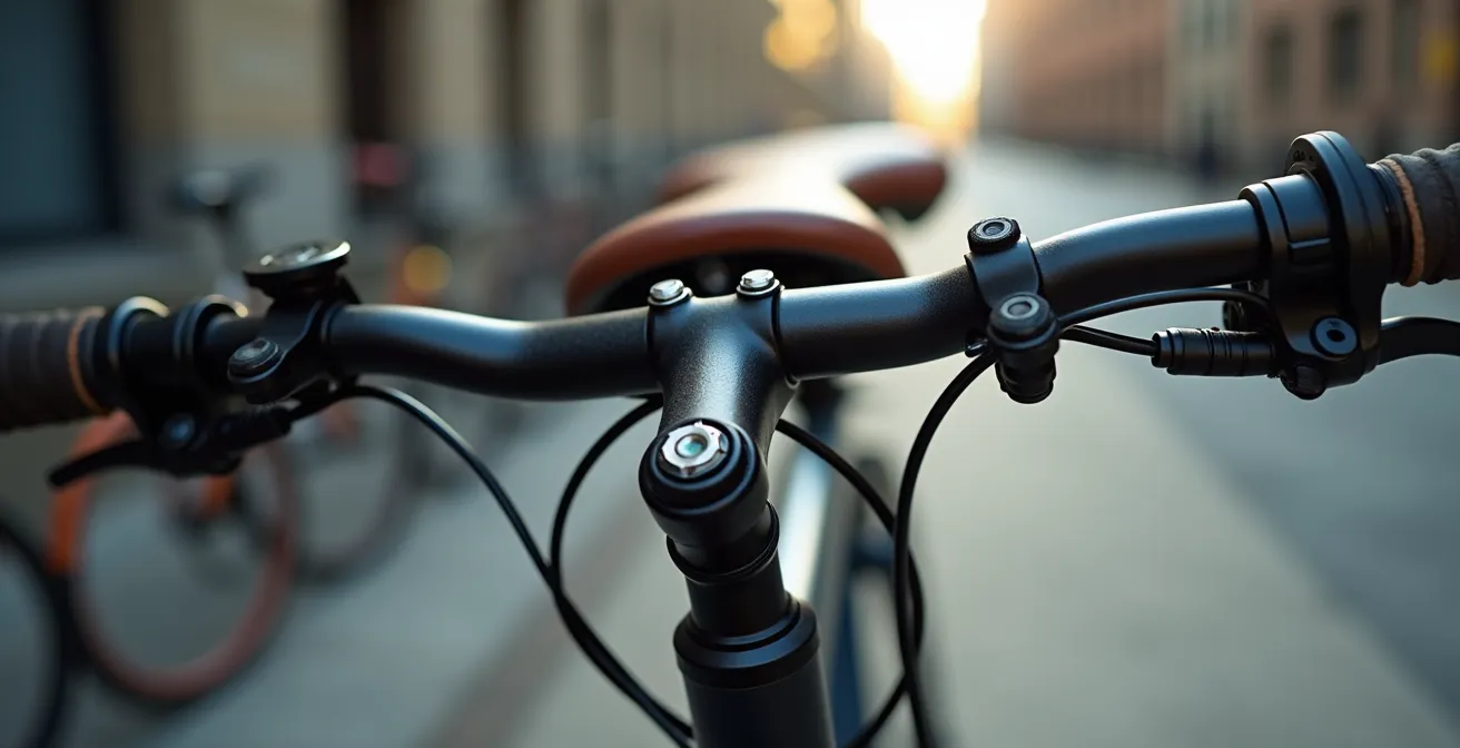 Gros plan détaillé des mécanismes d'ajustement d'une selle et guidon de vélo urbain montrant les vis, rails et points de fixation