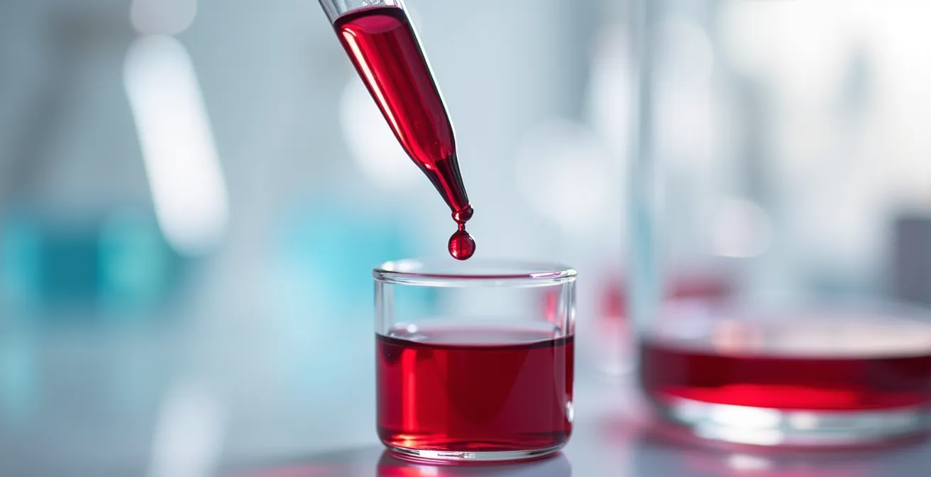 Vue macro détaillée d'une pipette de laboratoire prélevant un échantillon sanguin rouge rubis dans un tube en verre transparent, avec reflets lumineux sur le verre