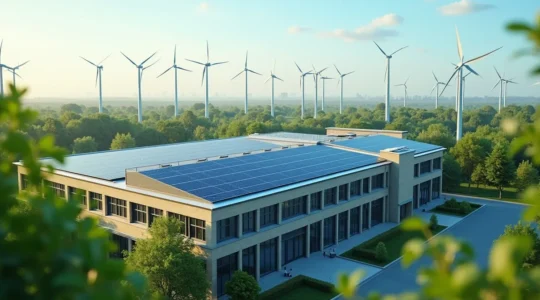 Vue conceptuelle d'un bâtiment d'entreprise moderne avec des éléments énergétiques écologiques