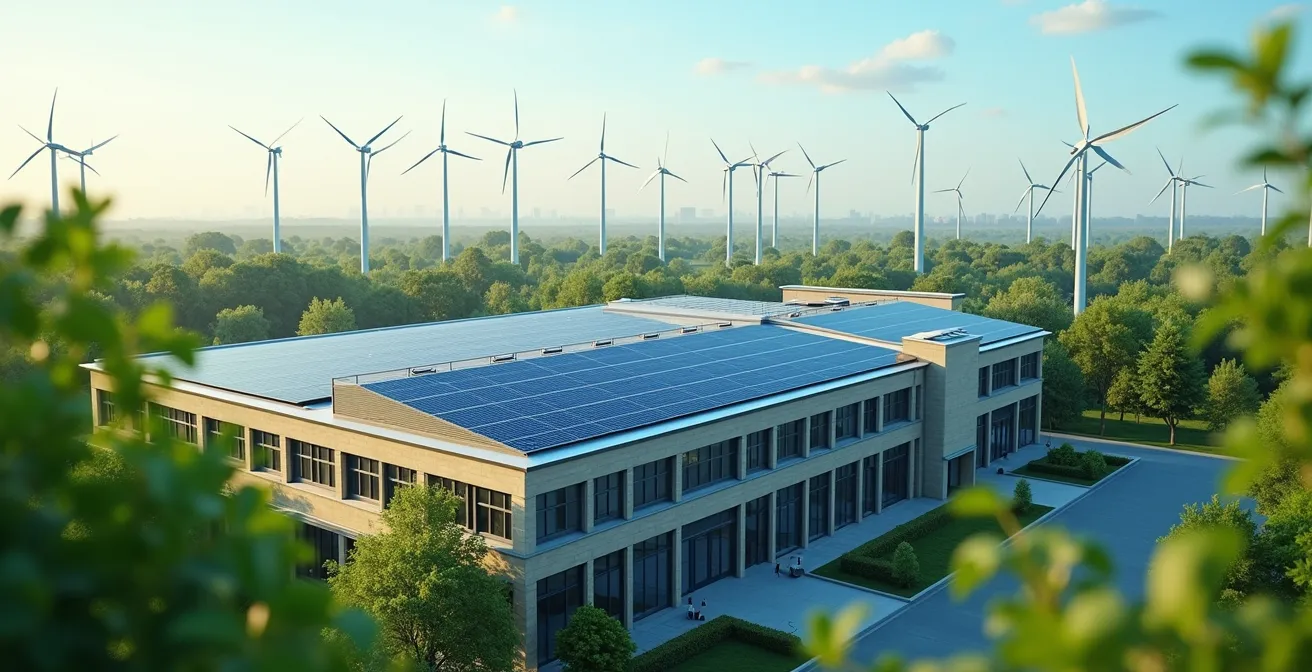 Vue conceptuelle d'un bâtiment d'entreprise moderne avec des éléments énergétiques écologiques