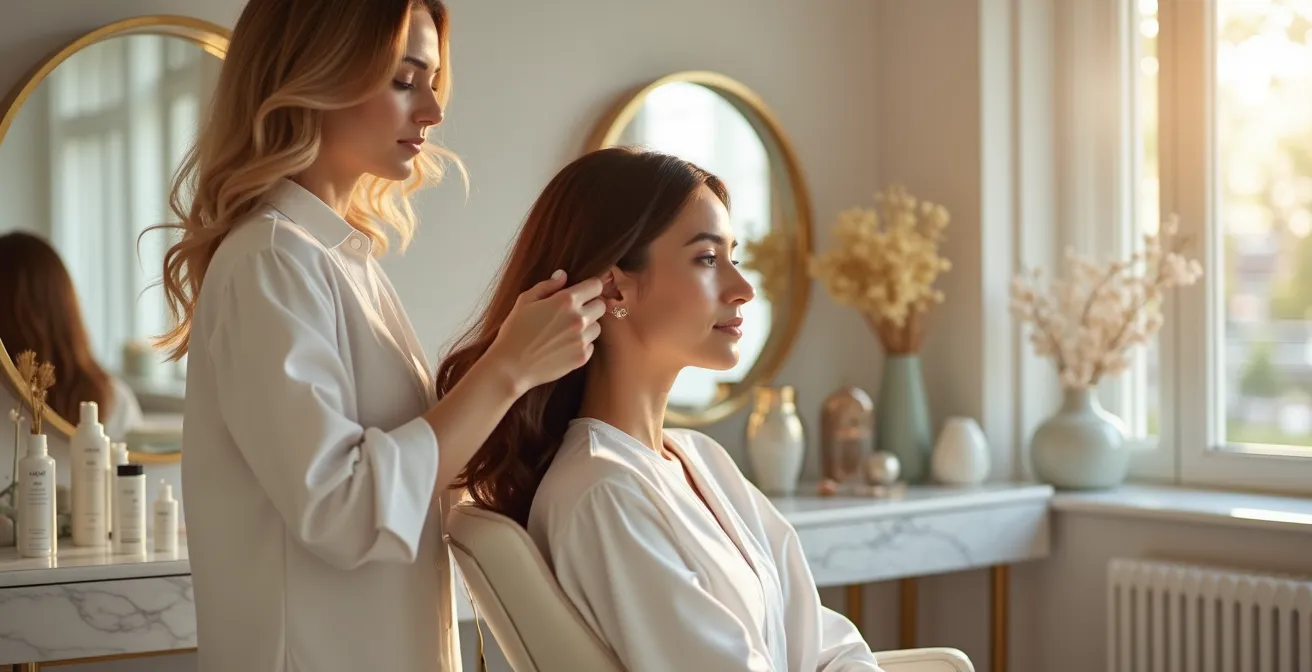 Femme dans un salon de coiffure haut de gamme profitant d'une expérience de luxe et de bien-être