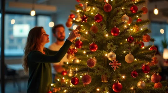 Photo réaliste d'un sapin de Noël décoré en entreprise, avec des collaborateurs de divers services décorant ensemble, éclairage cinématographique doux, bokeh naturel en arrière-plan
