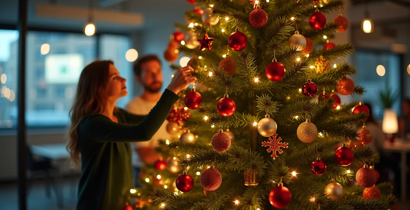 Photo réaliste d'un sapin de Noël décoré en entreprise, avec des collaborateurs de divers services décorant ensemble, éclairage cinématographique doux, bokeh naturel en arrière-plan