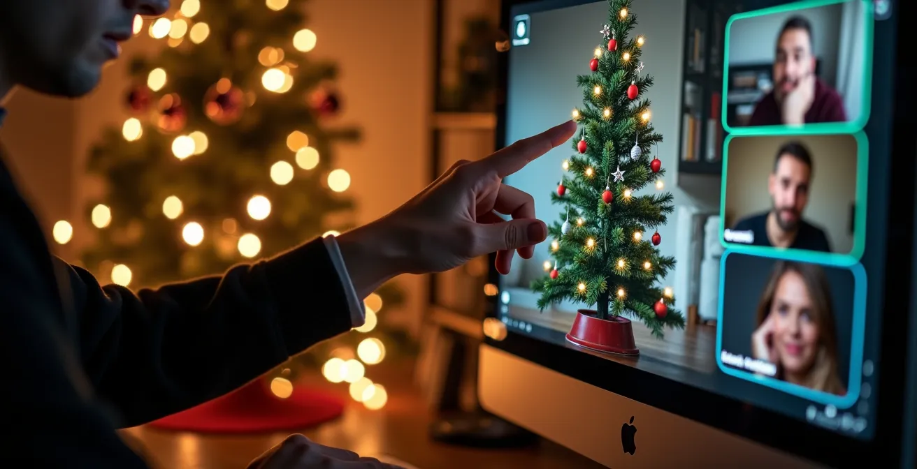 Capture d'écran métaphorique en photo d'un sapin numérique décoré par des mains virtuelles sur un écran avec texture réaliste et lumière douce