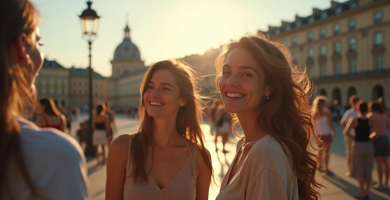 Vue colorée et réaliste du Pont de Pierre et de la Place de la Bourse avec des jeunes femmes en shooting EVJF