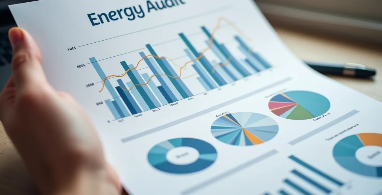 Main tenant un dossier d'audit énergétique avec graphiques et données symboliques