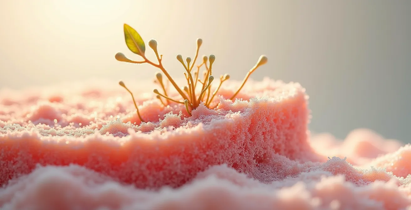 Vue microscopique détaillée de la structure du cuir chevelu et de son microbiome