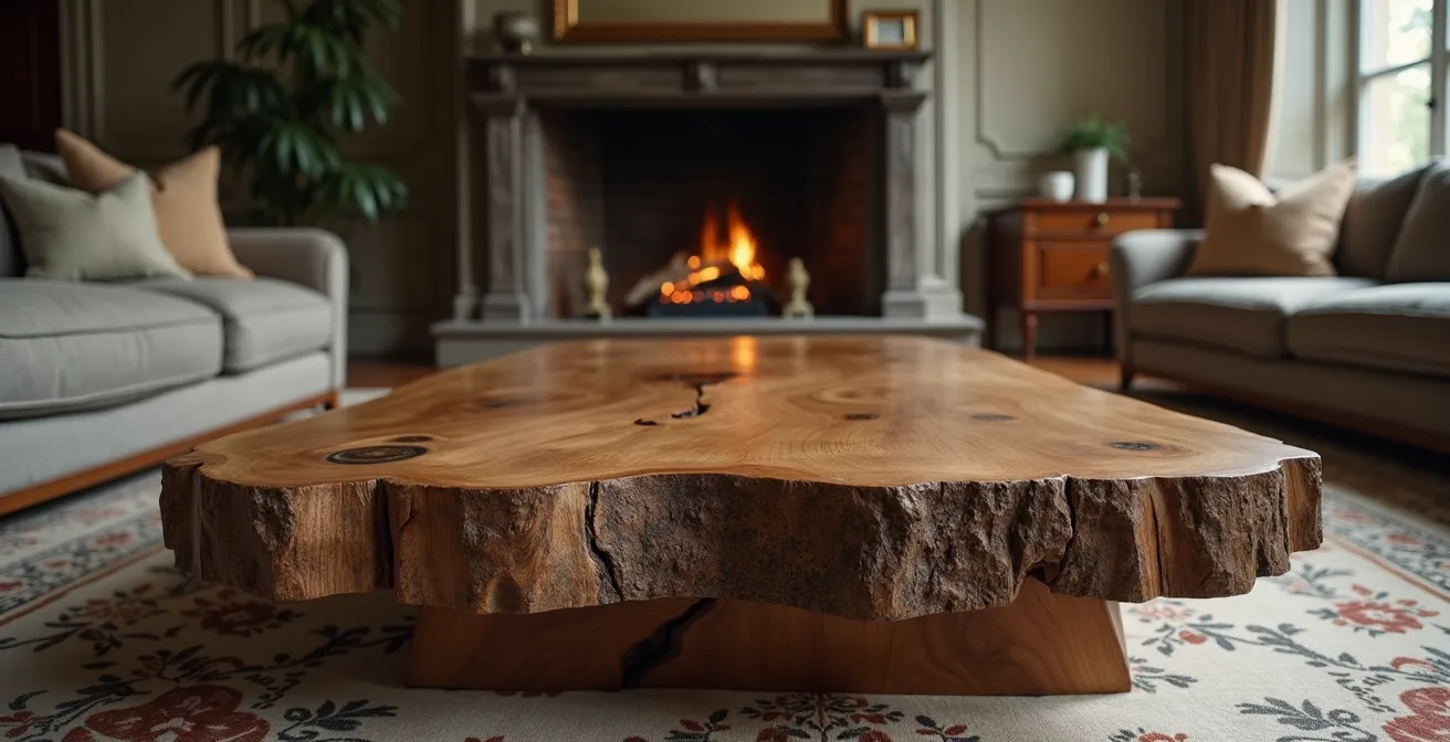 Table basse en bois massif au style brut contrastant un salon haussmannien classique