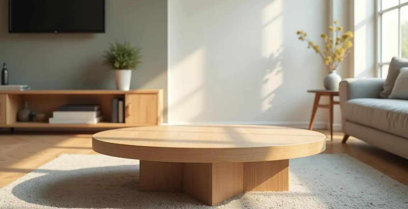 Table basse ovale en bois clair dans un salon contemporain facilitant la circulation