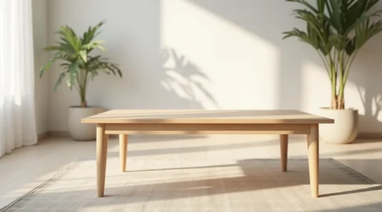 Table basse élégante en bois clair au design scandinave dans un salon lumineux et épuré, éclairage naturel doux et bokeh agréable