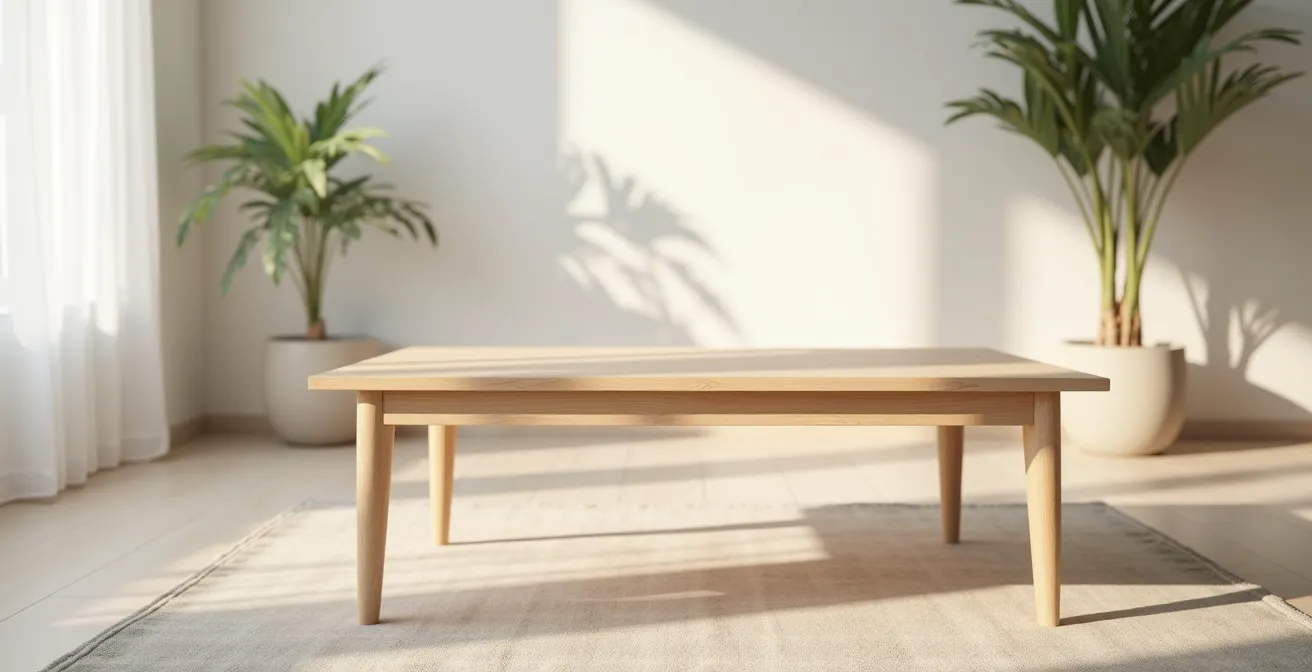 Table basse élégante en bois clair au design scandinave dans un salon lumineux et épuré, éclairage naturel doux et bokeh agréable