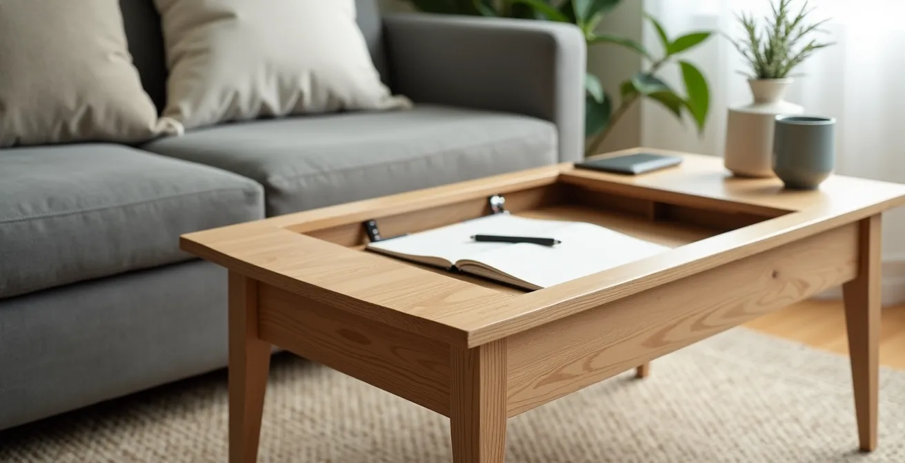 Table basse relevable en bois clair dans un petit salon avec une personne utilisant la fonction relevable