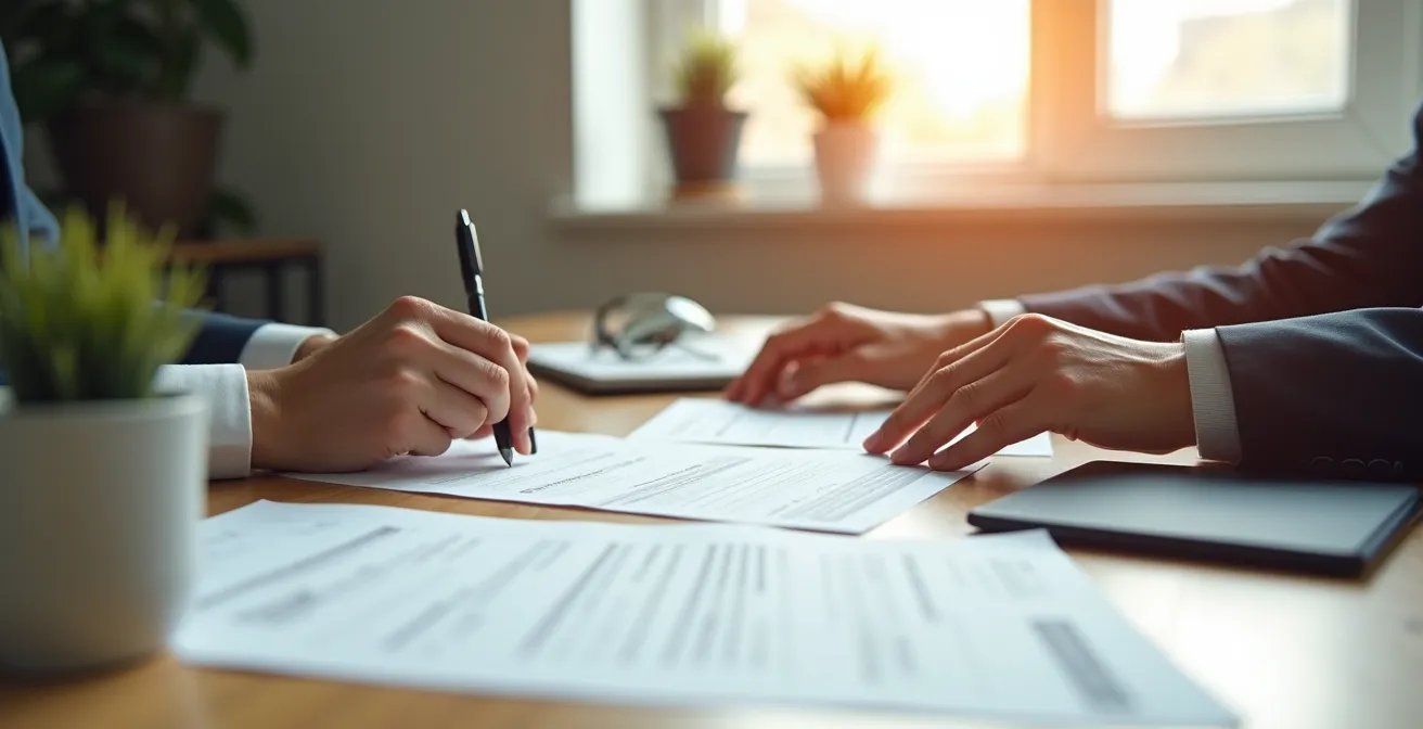 Un entrepreneur examinant des documents officiels sur un bureau épuré, symbolisant l'analyse stratégique du passage à la SASU