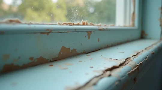 Gros plan sur une fenêtre montrant des signes visibles d'usure du calfeutrage autour du cadre.