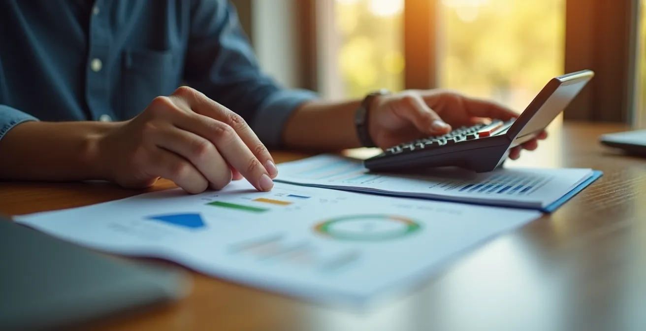 Gros plan sur des mains analysant des graphiques énergétiques avec calculatrice