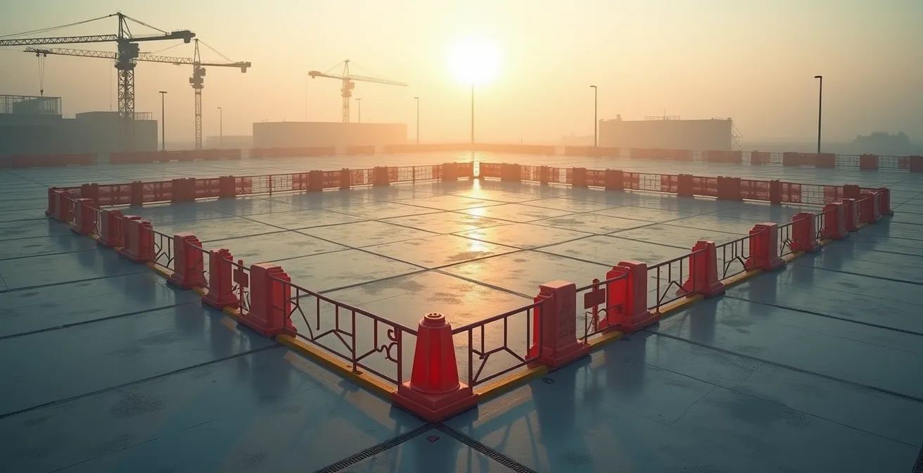 Vue d'ensemble d'un chantier avec signalisation et zones sécurisées