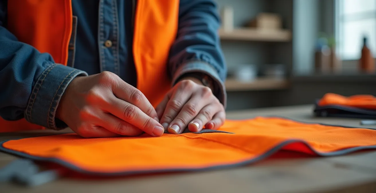 Mains inspectant un harnais de sécurité haute visibilité lors d'un contrôle