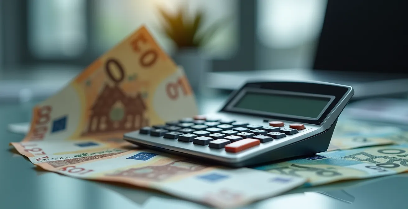 Vue symbolique d'une calculatrice entourée de billets avec des conduits d'aération flous en arrière-plan