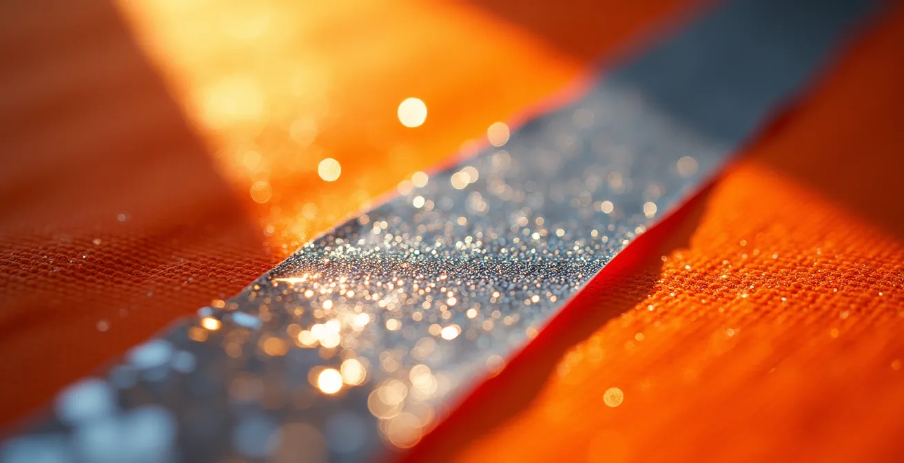 Gros plan sur la texture des bandes rétroréfléchissantes d'un gilet haute visibilité