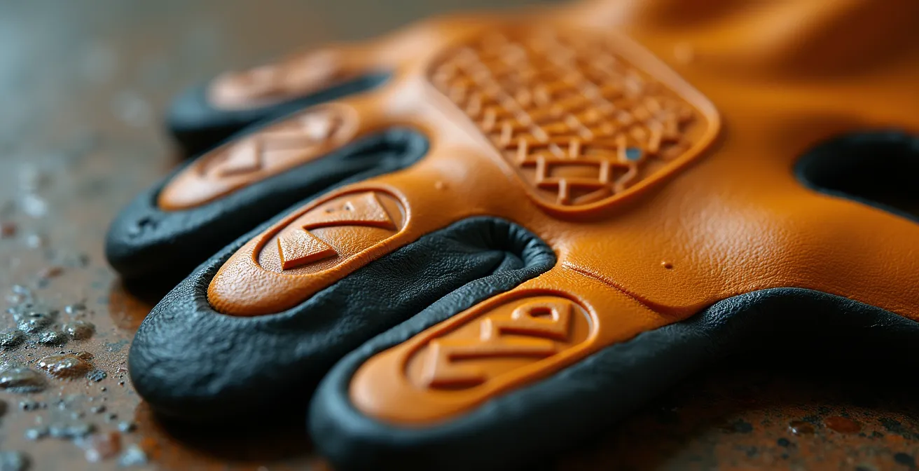 Vue macro du marquage de protection sur un gant de chantier