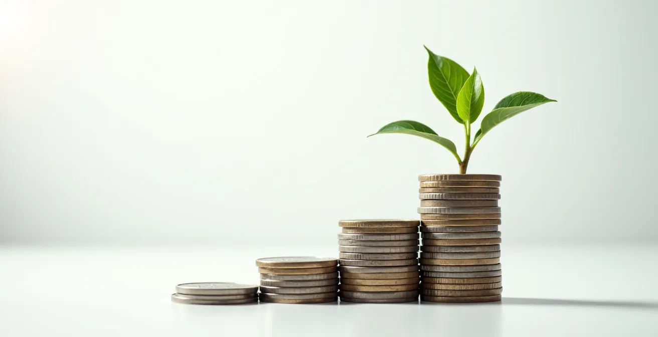 Pièces empilées en croissance avec plante verte symbolisant la croissance patrimoniale