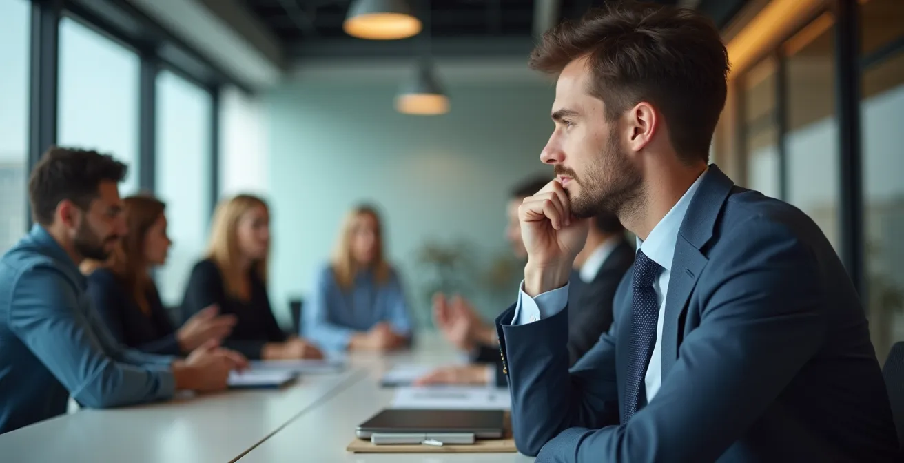 Professionnels en réunion dans une salle de conférence moderne avec système de ventilation visible