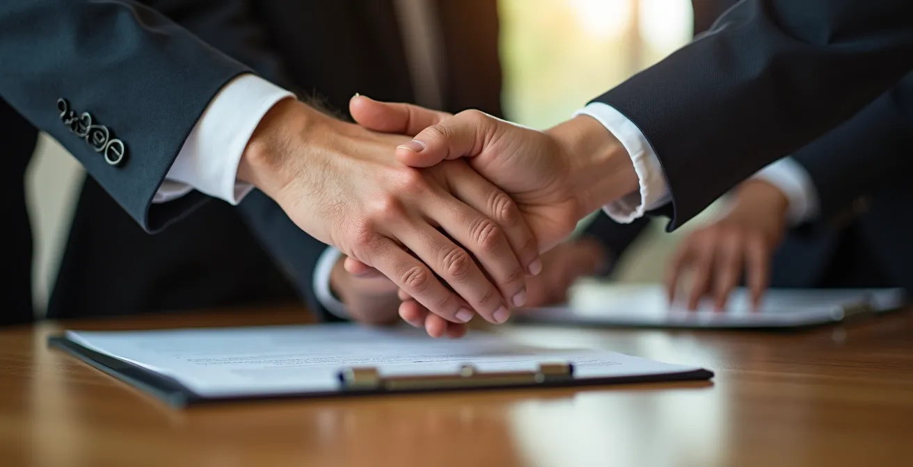 Mains d'experts autour d'une table avec documents et calculatrice