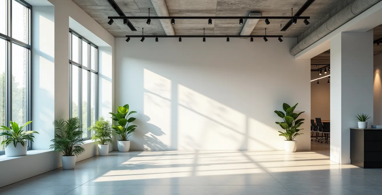 Vue large d'un espace de travail contemporain avec système de ventilation architectural intégré