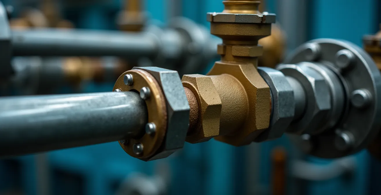 Vue macro détaillée de raccordements techniques en cours d'installation