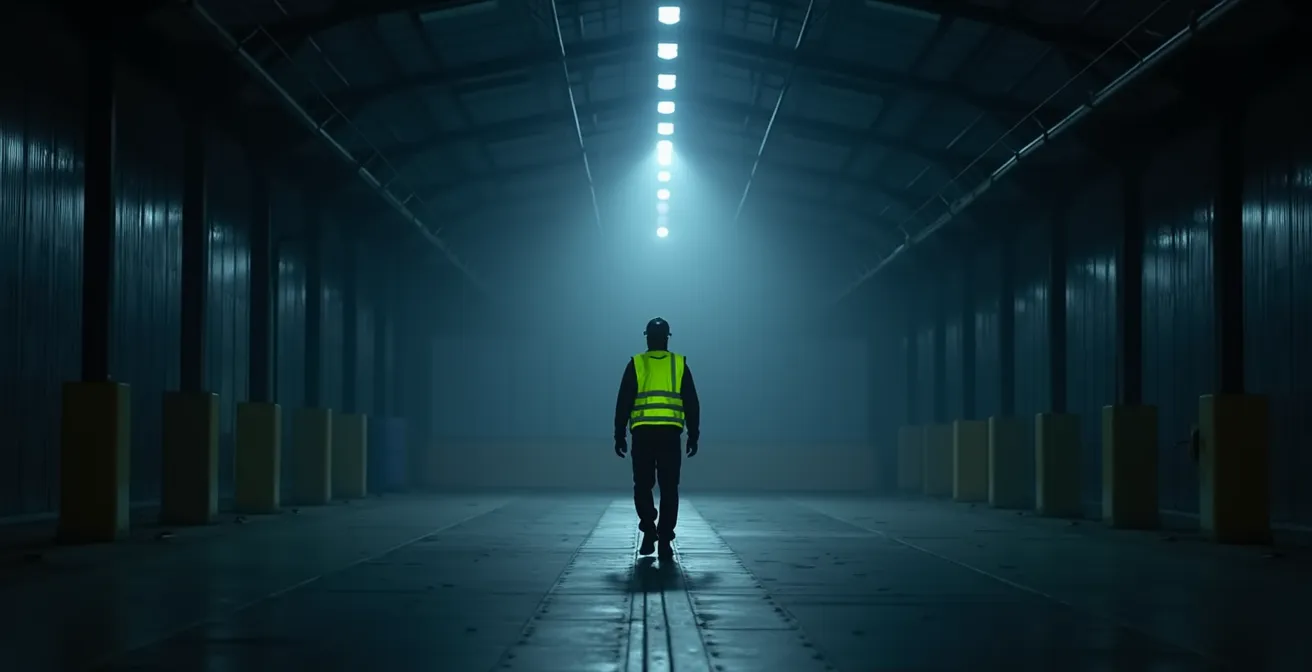 Travailleur en vêtement haute visibilité dans environnement industriel de nuit