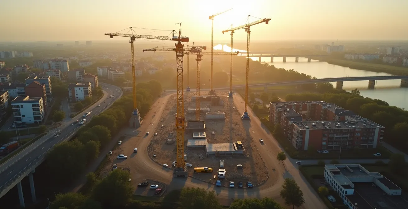 Vue aérienne d'un quartier en développement avec grues et espaces verts
