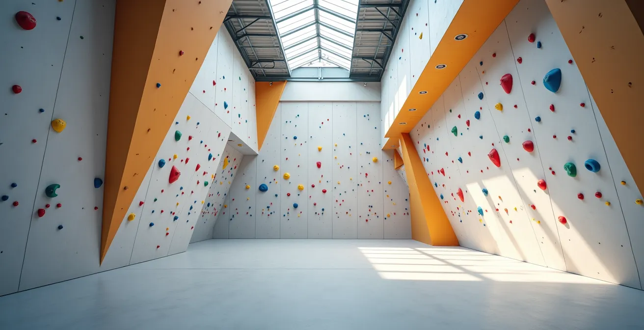 Vue architecturale d'une salle d'escalade montrant les volumes et l'organisation spatiale