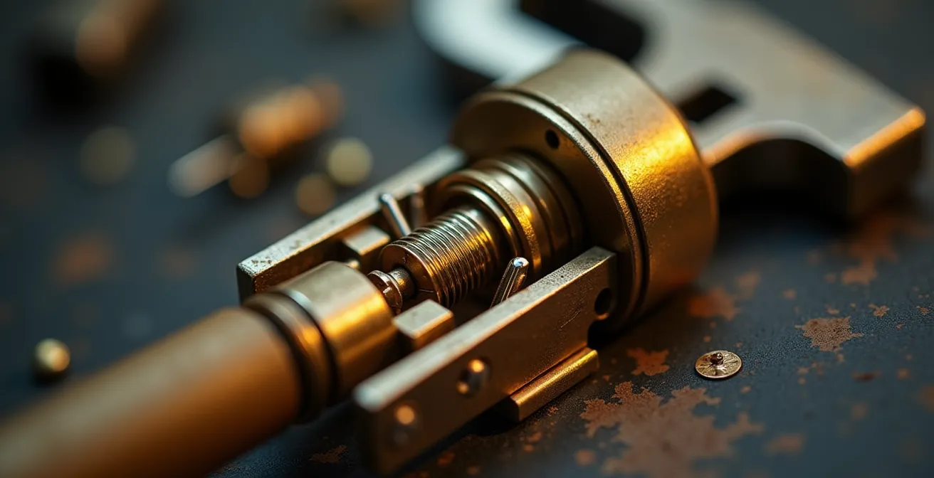 Gros plan sur mécanisme interne d'une serrure multipoints haute sécurité