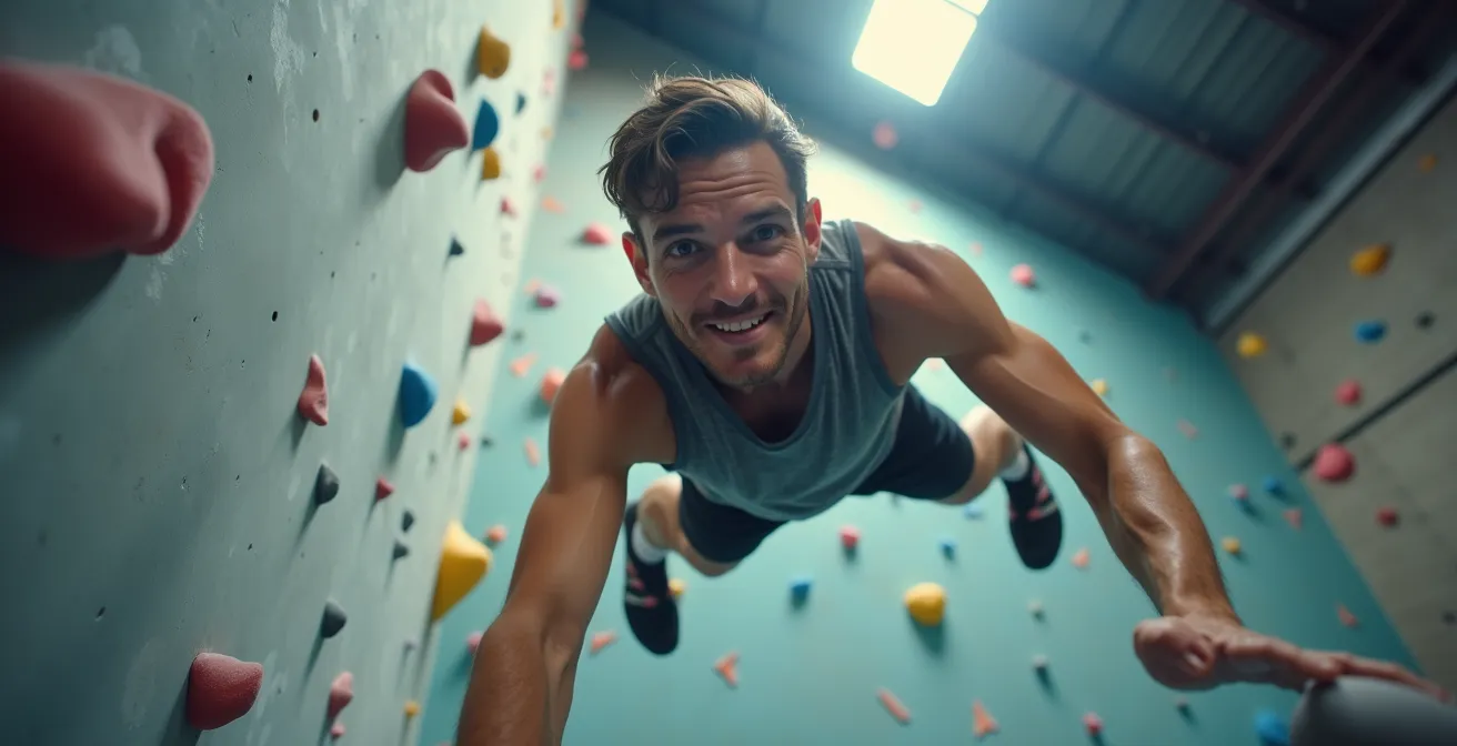 Grimpeur en phase de chute contrôlée dans un environnement sécurisé de salle