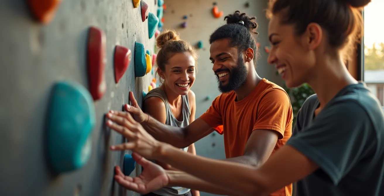 Groupe de grimpeurs partageant un moment convivial après une session